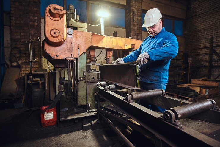 worker is controlling process rail cutting busy metal factory