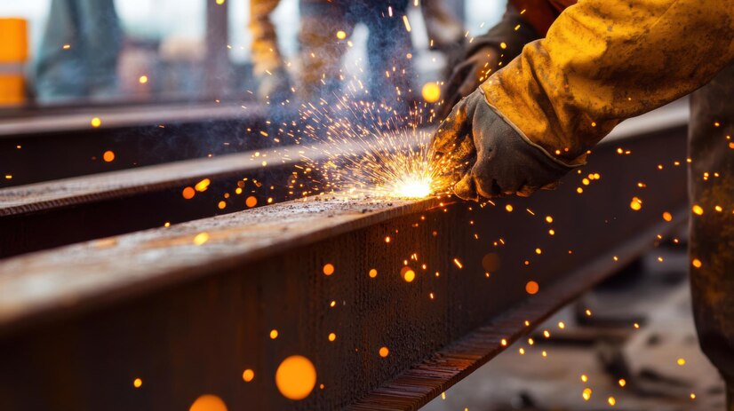 close up worker welding steel beams