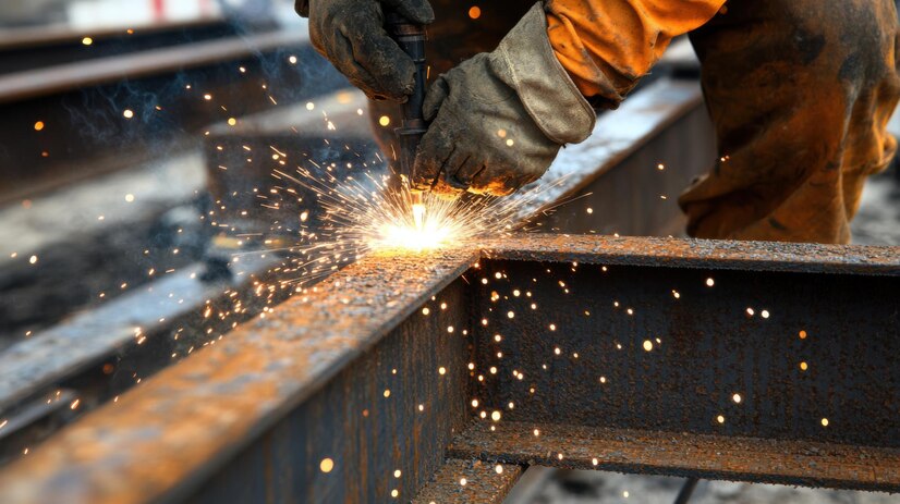 close up worker welding steel beams